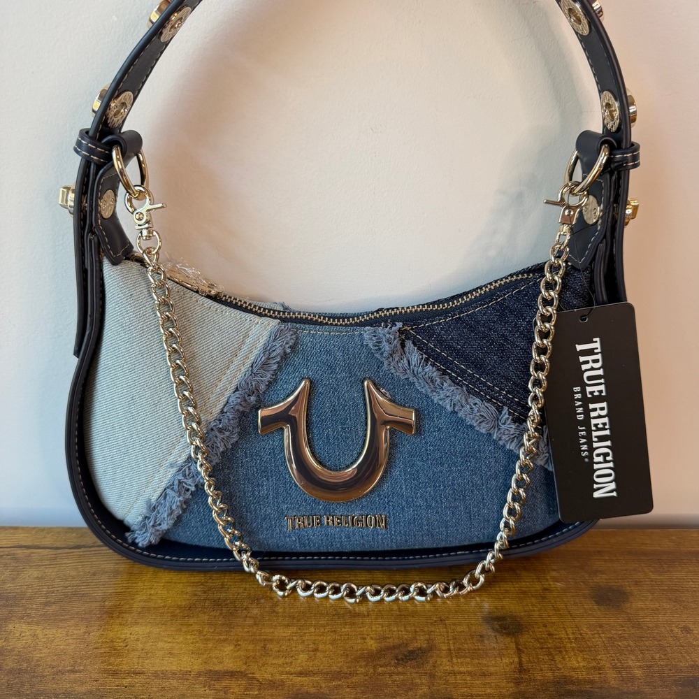 New True Religion Blue Washed Denim Shoulder Hobo Handbag Western Horseshoe